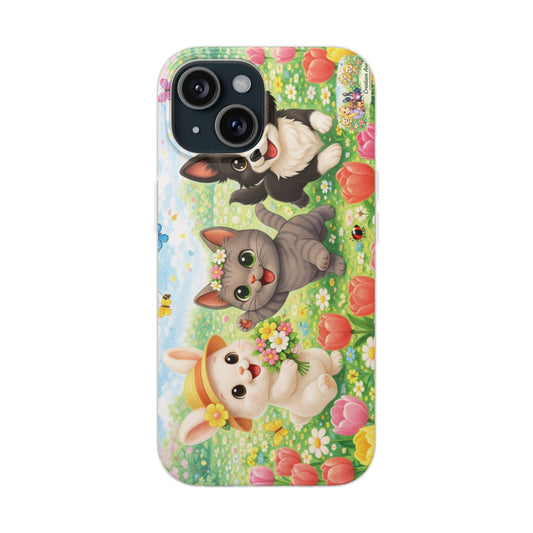 Creatieve Aap Lente Telefoonhoesje – Nikita, Maggie & Shelby – Kawaii Bloemenveld Design – Transparante Flexi Case – iPhone & Samsung Galaxy