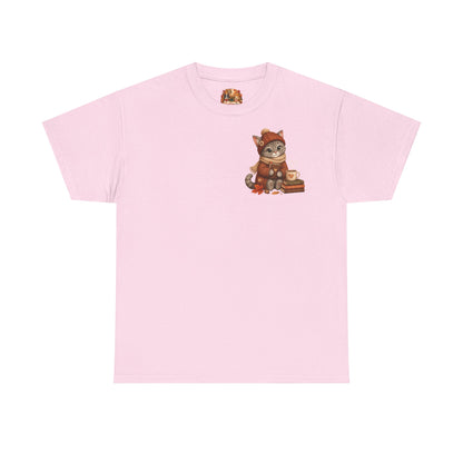 Shelby Cozy Reading Café Herfst T-Shirt – Unisex Dubbelzijdig Bedrukt | Cozy Kat Shirt | Gildan 5000