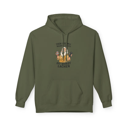 Humor dit wordt lachen hoodie Military Green Capuchon met trekkoord en buidelzak. Afbeelding humor (god) met bier en afstandsbediening in hand. en tekst Toen god mij maakte zei hij: Dit wordt Lachen
