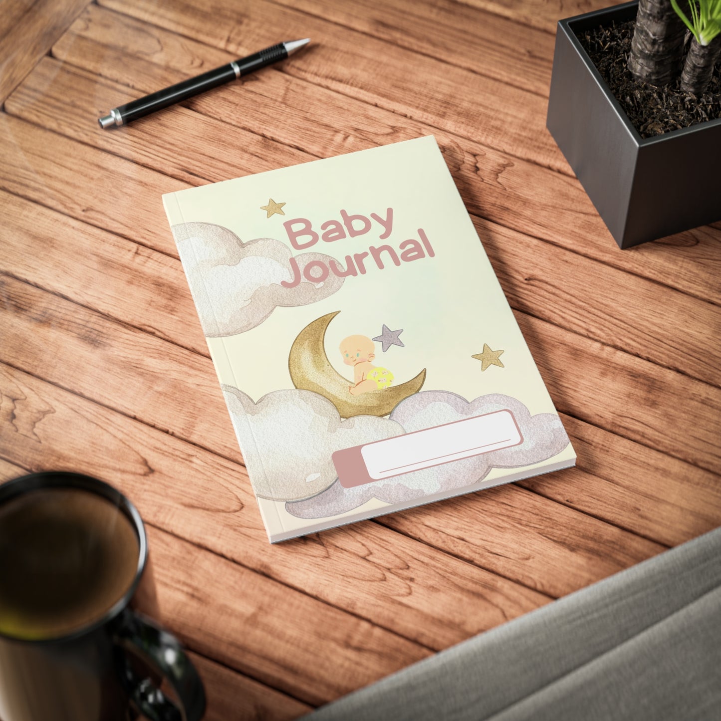 Baby Journal A5 Notitieboek – Baby Maan & Wolkjes – Gelinieerd – 150 Pagina's