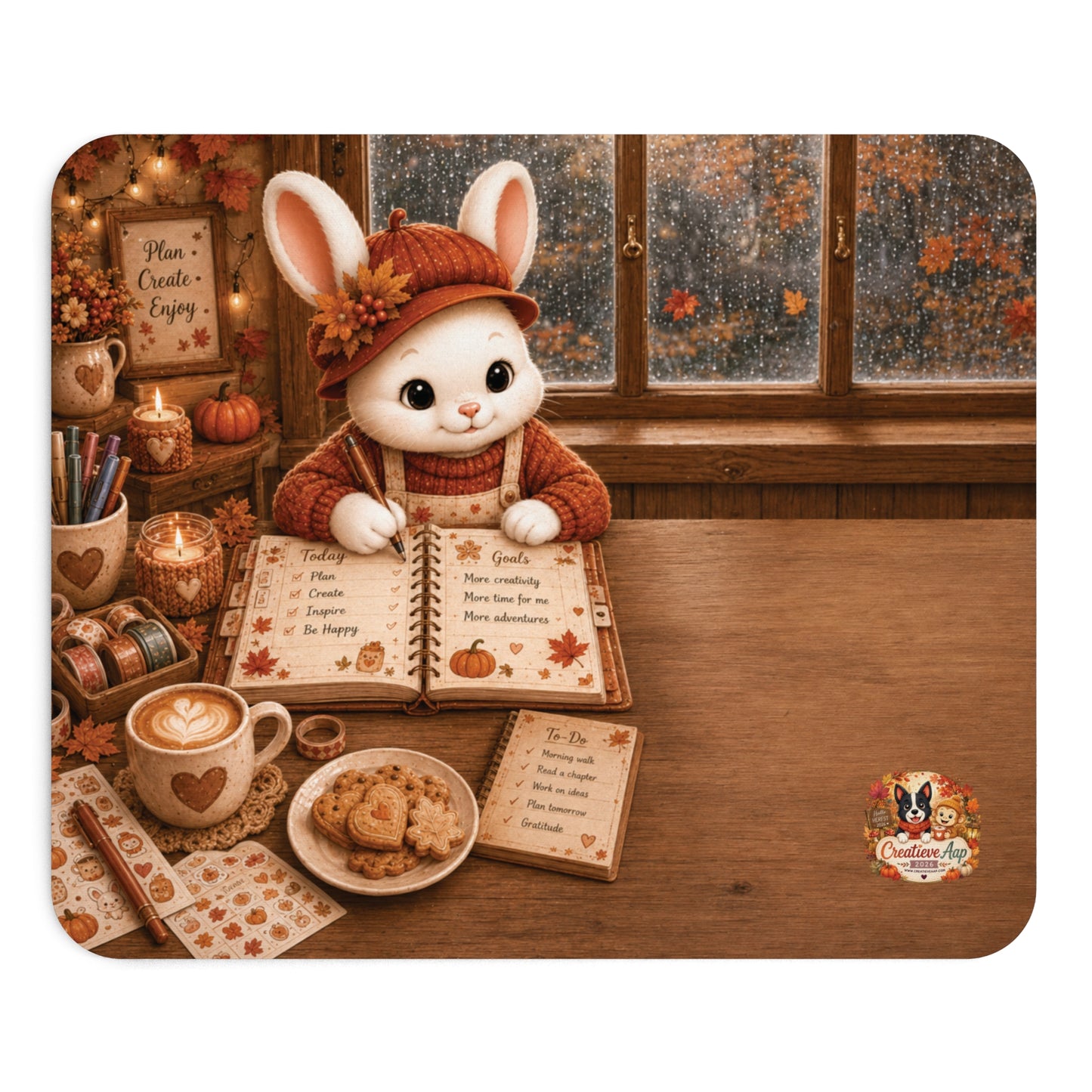 Maggie Cozy Planning Herfst Muismat | Neopreen Bureauonderlegger | Creatieve Aap Herfstcollectie 2026