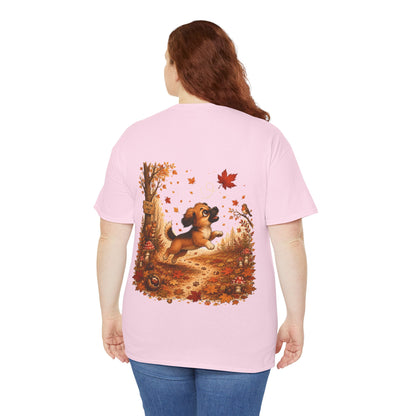 Novi Leaf Chaser Herfst T-Shirt – Unisex Dubbelzijdig Bedrukt | Schattig Herfst Honden Shirt | Gildan 5000