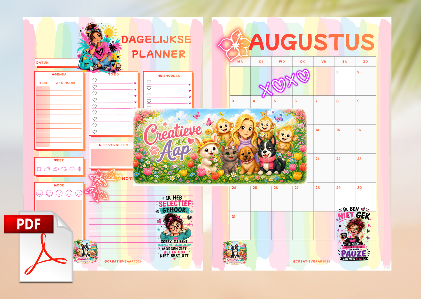 Augustus 2026 Planner Set PDF – Downloadbare Printable Planner | Maandplanner, Dagplanner & Slaaptracker