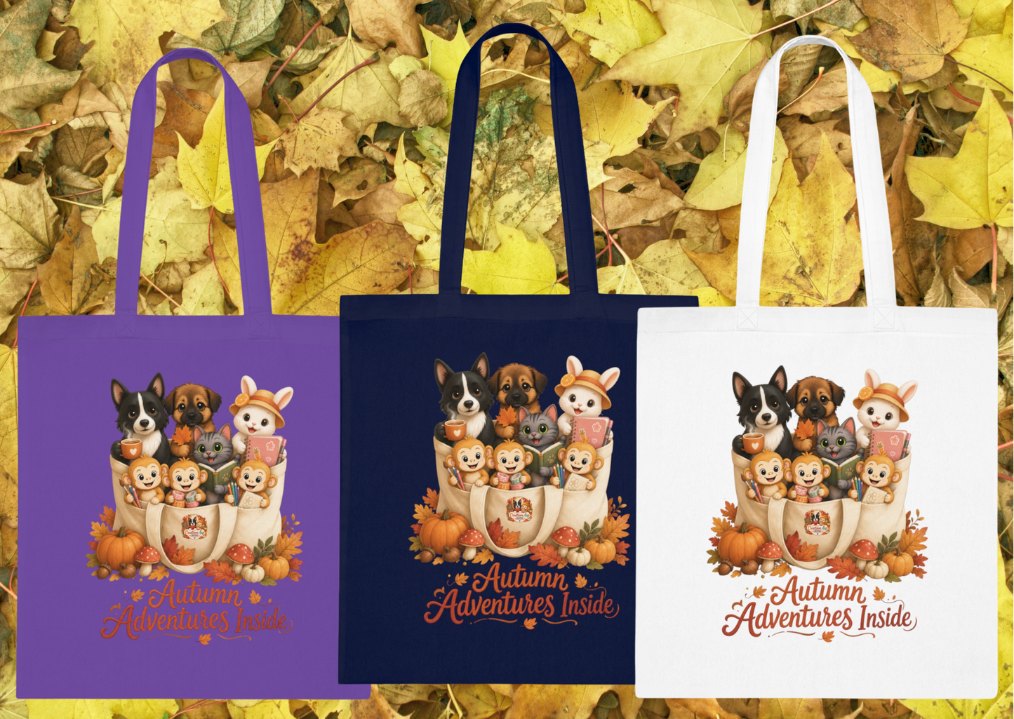 Autumn Adventures Inside Totebag | Creatieve Aap Vriendengroep | 100% Katoen | Herfstcollectie 2026