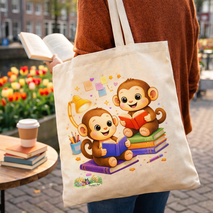 Canvas Tote Bag Creatieve Apen – Boekenliefhebber Tas