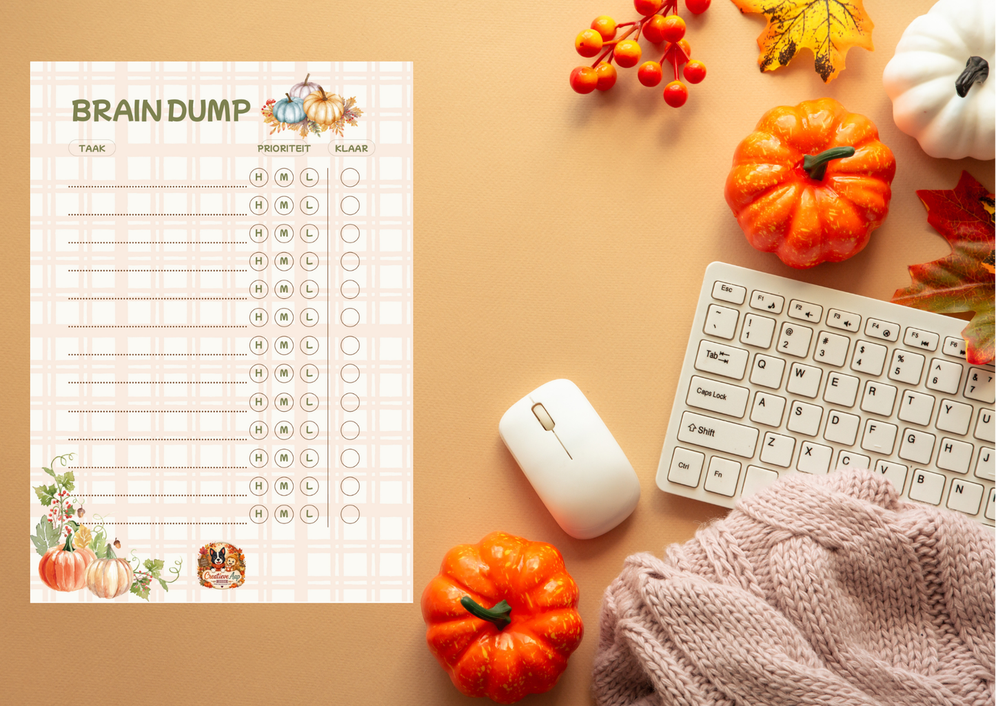 Brain Dump Herfst PDF | A4 Gedachtenplanner Printable | Prioriteiten Planner | To-Do Lijst | Direct Download | Creatieve Aap