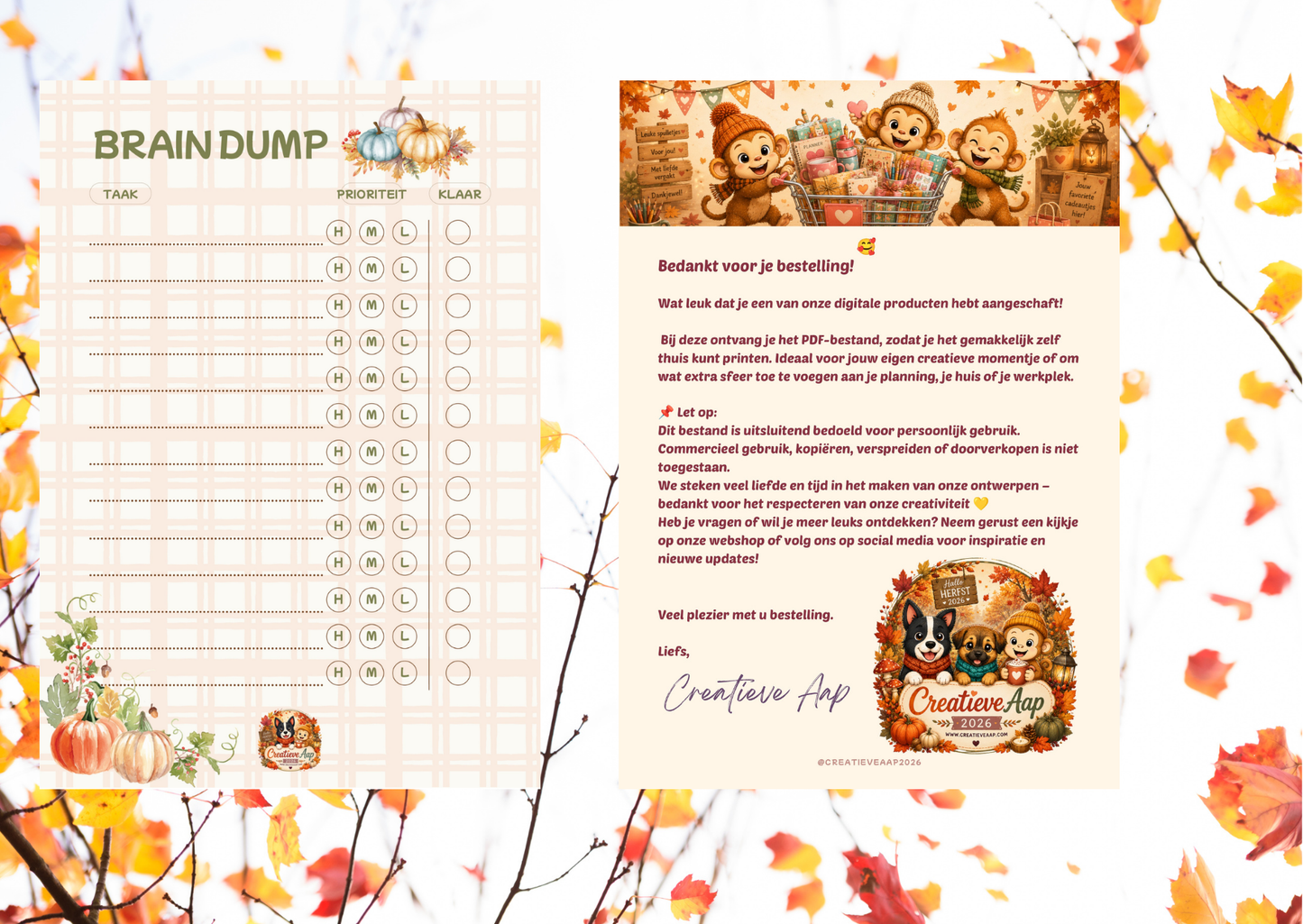 Brain Dump Herfst PDF | A4 Gedachtenplanner Printable | Prioriteiten Planner | To-Do Lijst | Direct Download | Creatieve Aap