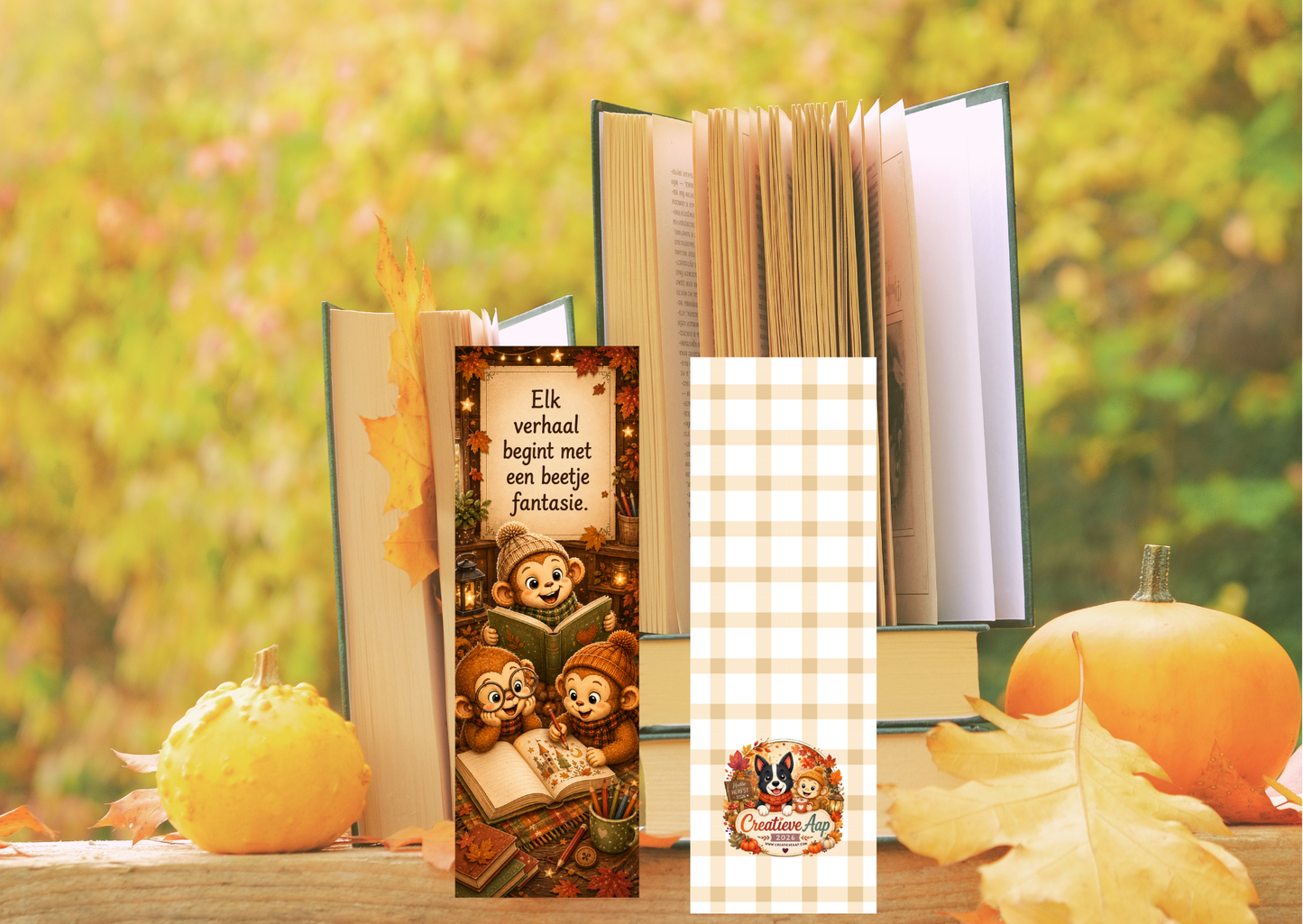 Creatieve Aapjes – Creatief Leesplezier Boekenlegger | Handgemaakt | Herfstcollectie 2026