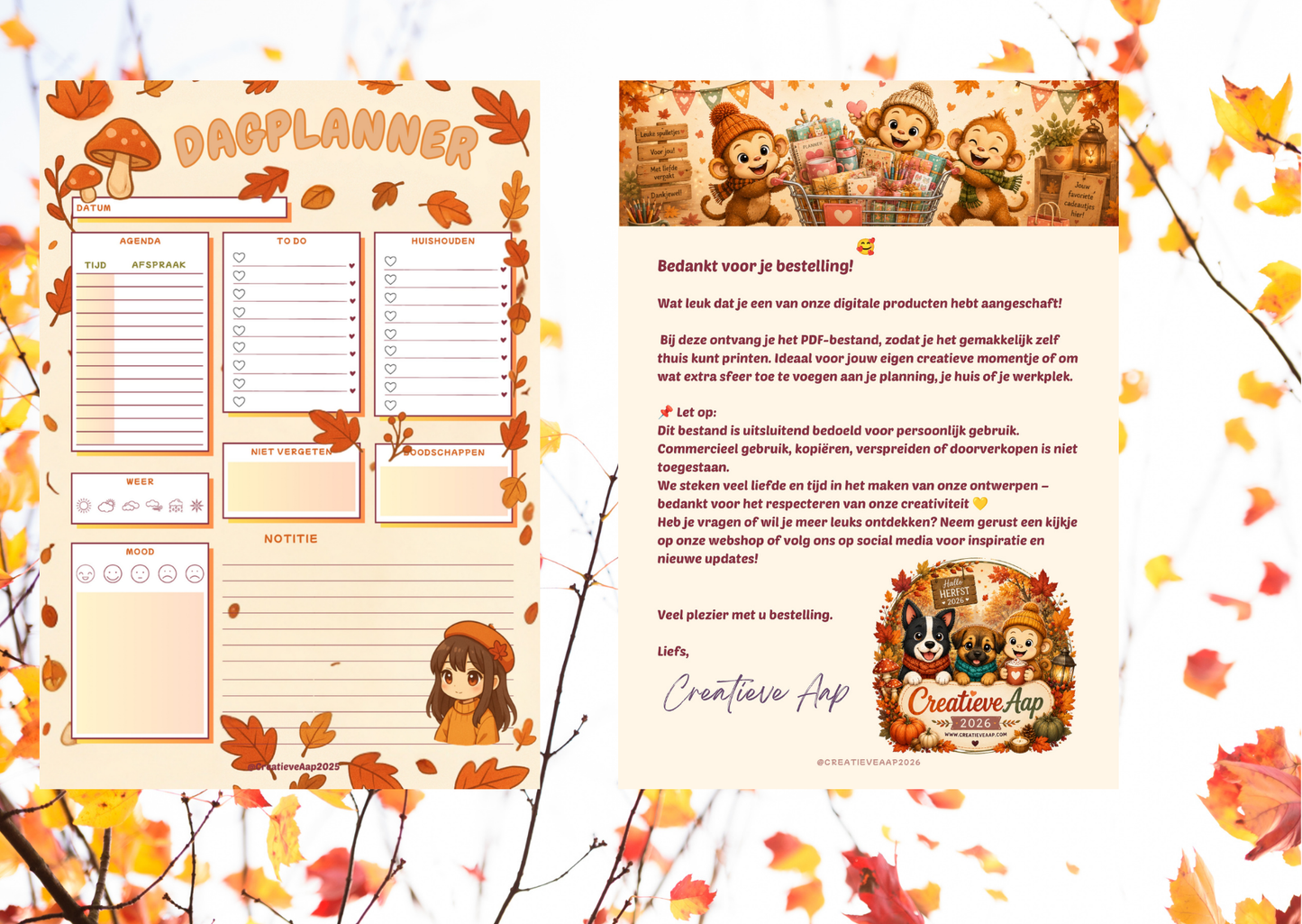 Herfst Dagplanner PDF | A4 Printable Planner | Dagplanning | Direct Download | Creatieve Aap