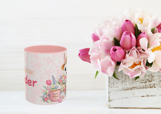 Moederdag mok “Voor de liefste moeder” met Maggie – roze bloemen mok 330 ml – cadeau mama