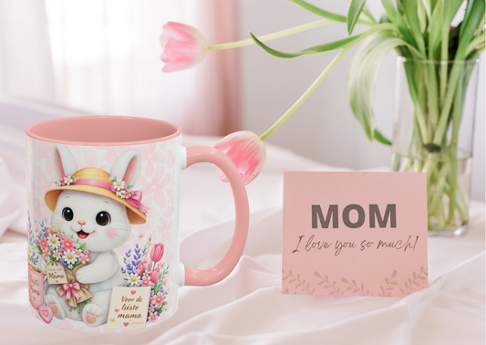 Moederdag mok “Voor de liefste moeder” met Maggie – roze bloemen mok 330 ml – cadeau mama