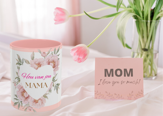 Moederdag mok “Hou van jou mama” roze bloemen – keramische mok 330 ml – cadeau voor mama