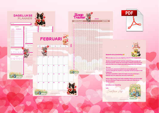 Februari 2026 Planner Set PDF – Valentijn Editie | Printbare Dagplanner, Maandplanner & Slaaptracker