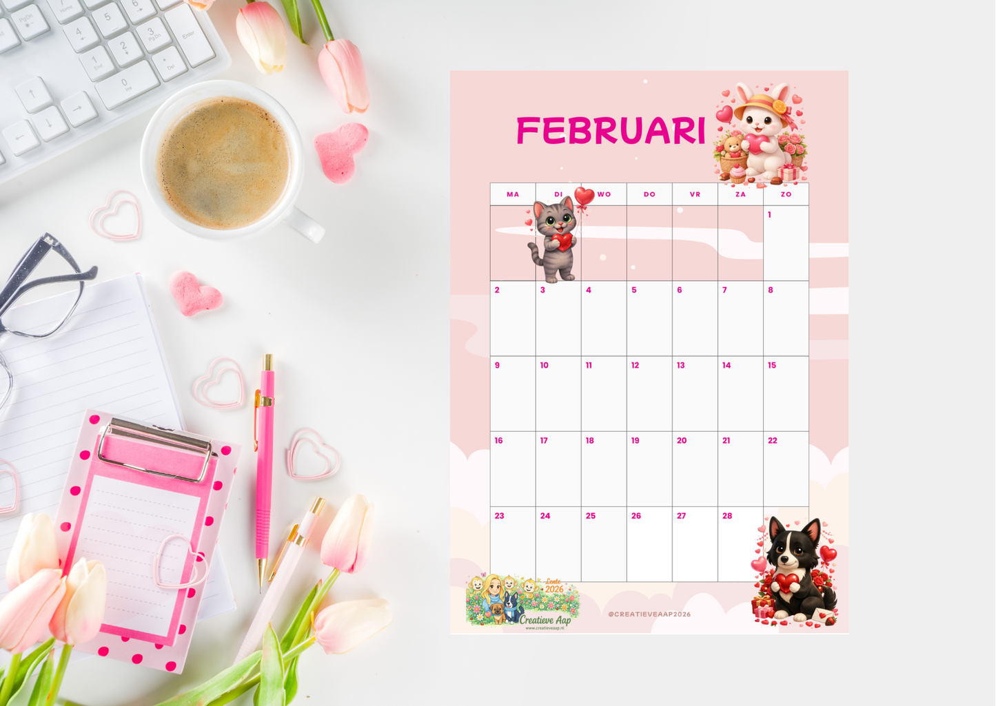 Februari 2026 Planner Set PDF – Valentijn Editie | Printbare Dagplanner, Maandplanner & Slaaptracker