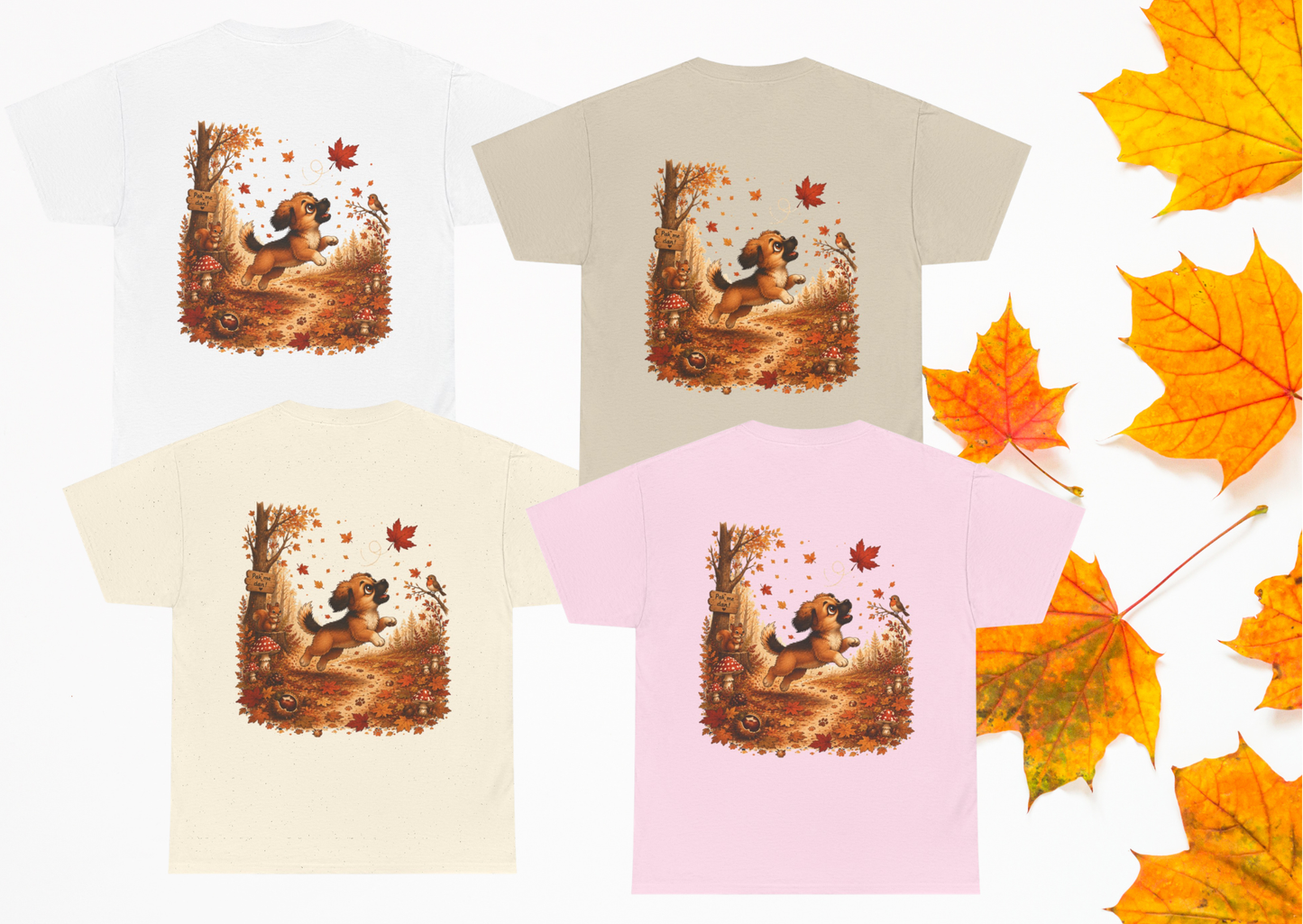 Novi Leaf Chaser Herfst T-Shirt – Unisex Dubbelzijdig Bedrukt | Schattig Herfst Honden Shirt | Gildan 5000