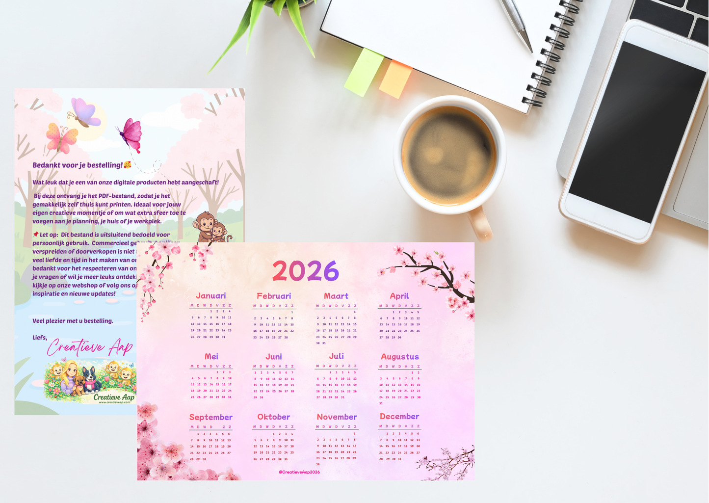 Jaarkalender 2026 PDF – Maandag t/m Zondag | Lente Editie | Overzicht in één oogopslag