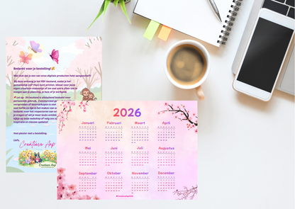 Jaarkalender 2026 PDF – Maandag t/m Zondag | Lente Editie | Overzicht in één oogopslag
