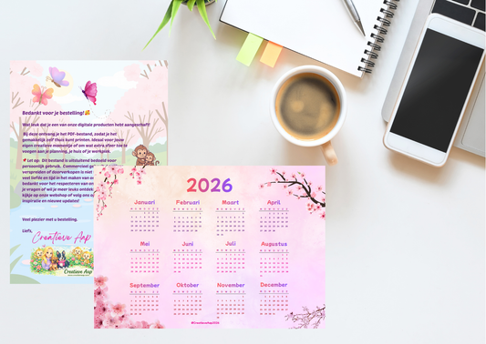 Jaarkalender 2026 PDF – Maandag t/m Zondag | Lente Editie | Overzicht in één oogopslag