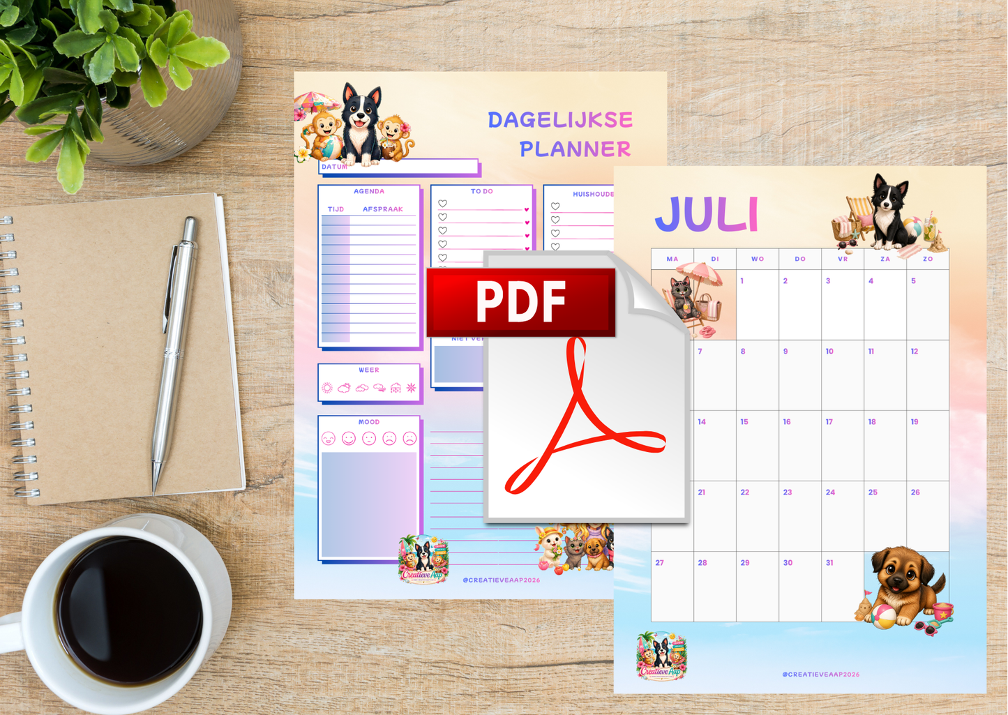 Juli 2026 Planner Set PDF Download – Maandplanner, Dagplanner & Slaap Tracker Printable
