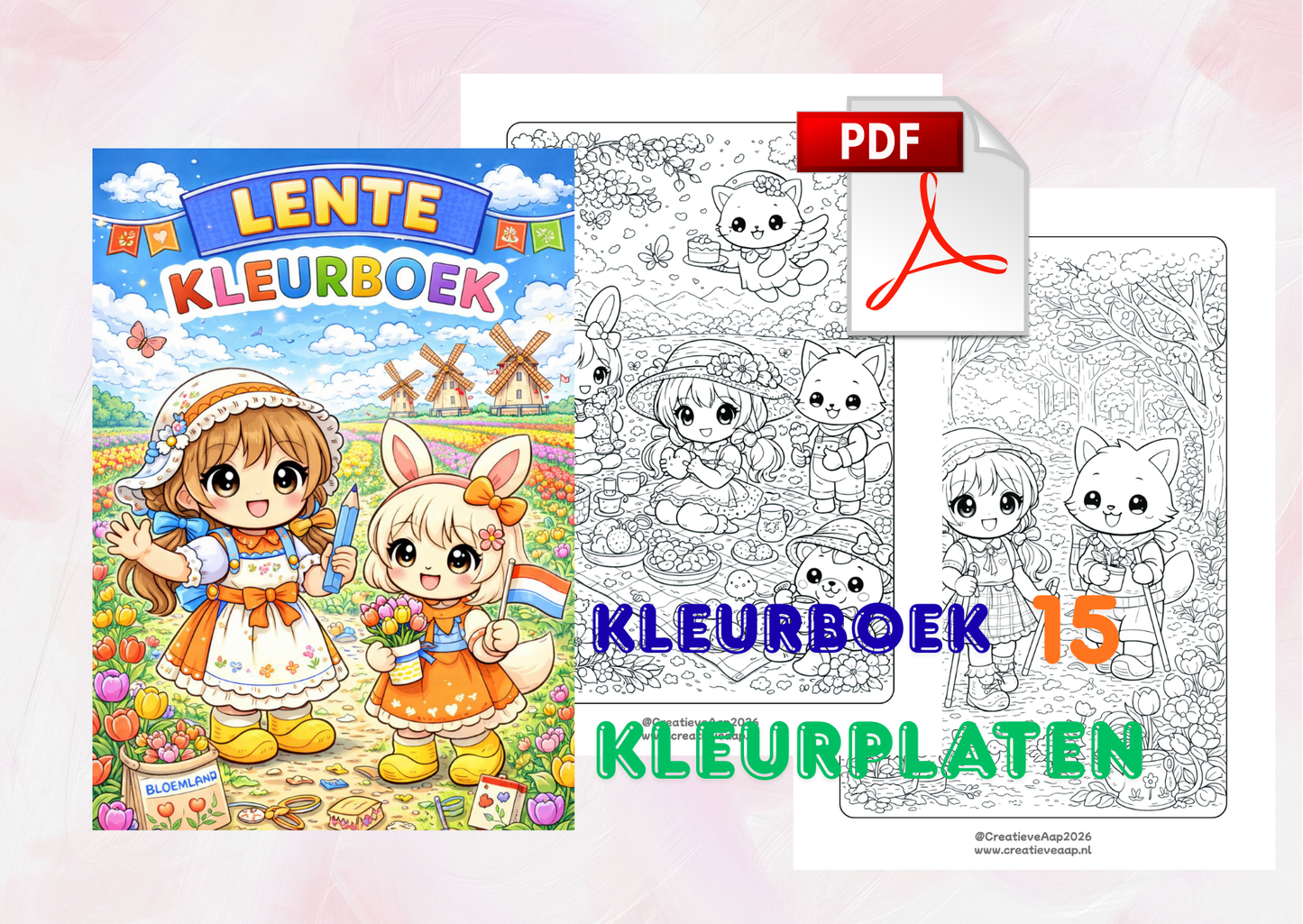 🌷 Lente Kleurboek – Creatieve Aap | PDF Download (15 kleurplaten)