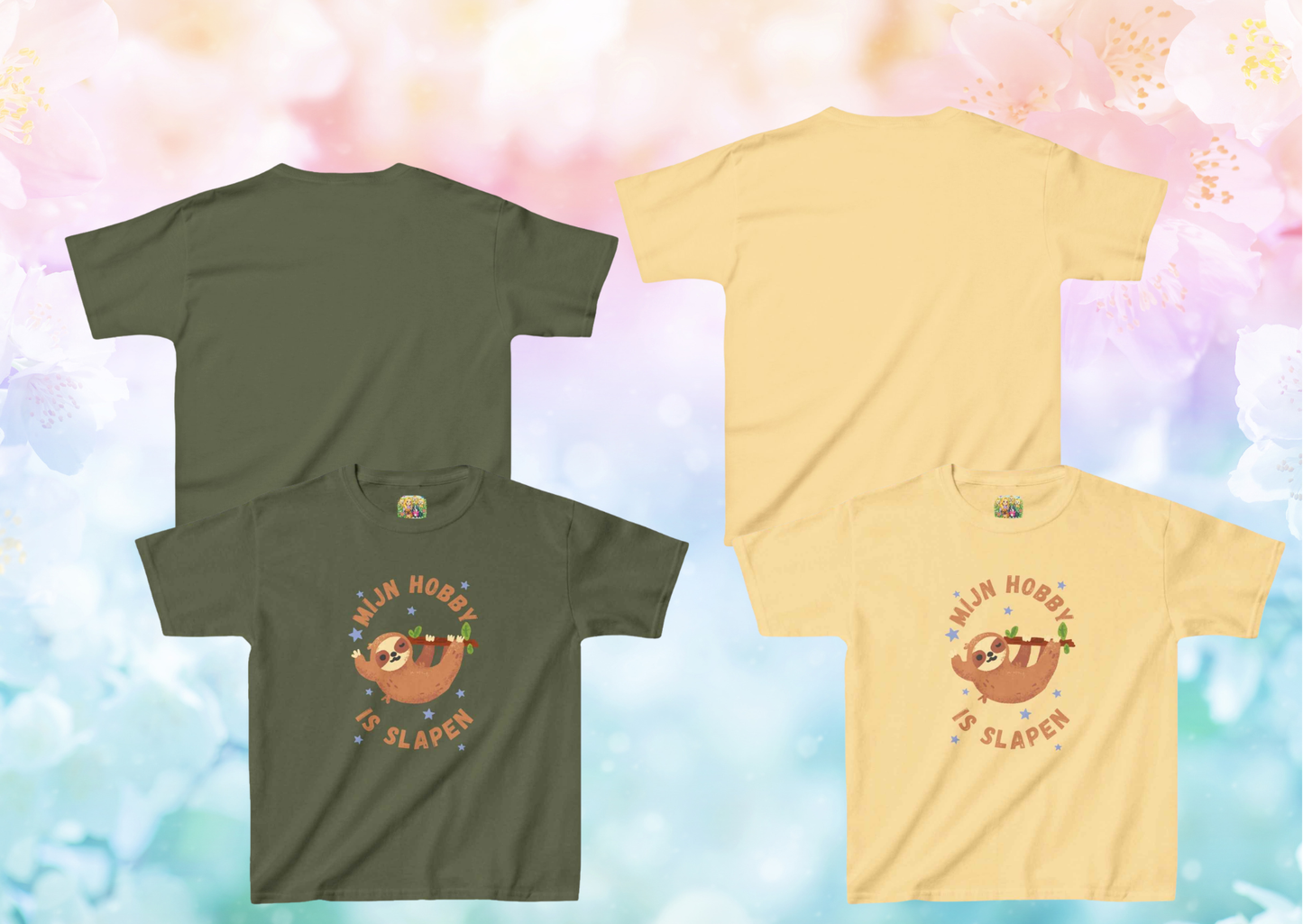 Kinder T-shirt Mijn Hobby is Slapen – Luiaard Kids Shirt – Yellow Haze & Military Green