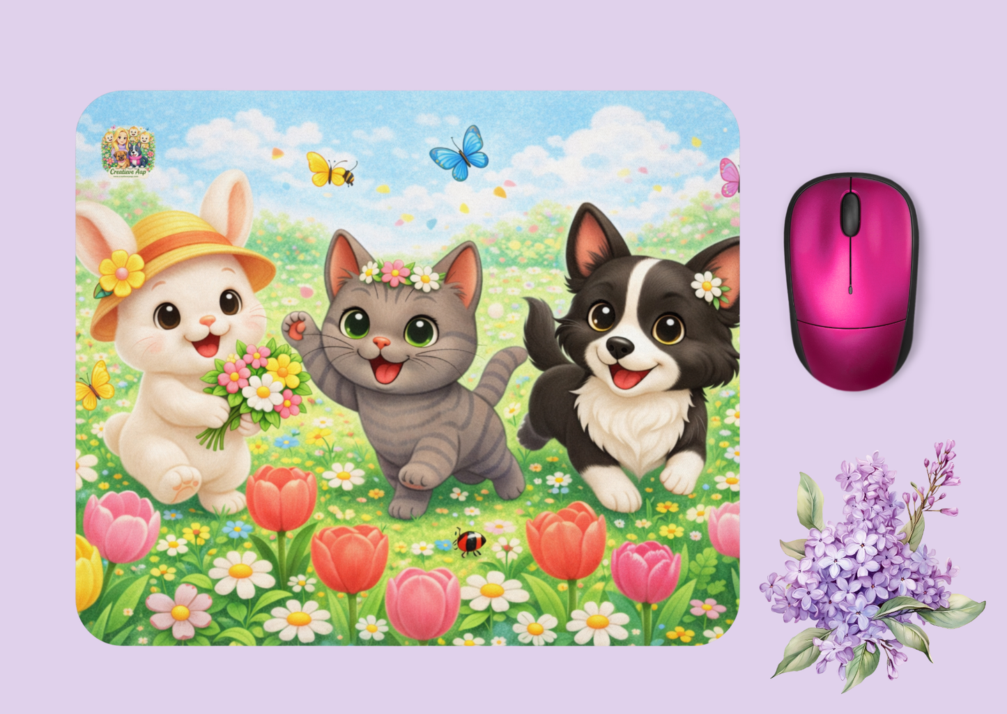 Muismat Lente Maggie, Shelby & Nikita – Kawaii Dieren Bloemenveld Design – Neopreen Bureau Accessoire 23,2 x 19,4 cm – Creatieve Aap