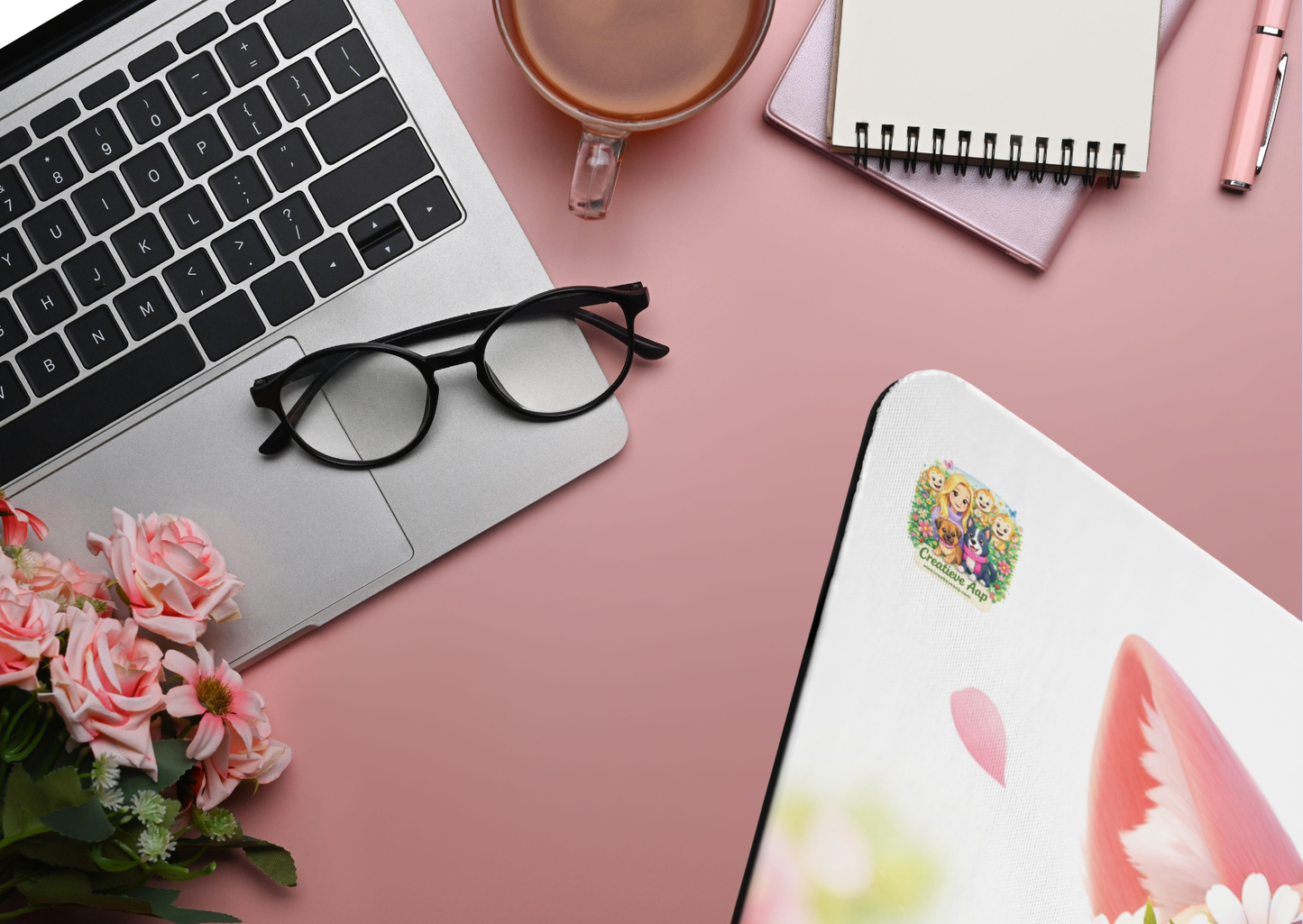 Muismat Lente Maggie, Shelby & Nikita – Kawaii Dieren Bloemenveld Design – Neopreen Bureau Accessoire 23,2 x 19,4 cm – Creatieve Aap