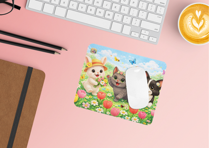 Muismat Lente Maggie, Shelby & Nikita – Kawaii Dieren Bloemenveld Design – Neopreen Bureau Accessoire 23,2 x 19,4 cm – Creatieve Aap