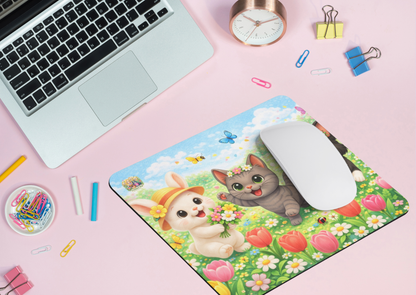 Muismat Lente Maggie, Shelby & Nikita – Kawaii Dieren Bloemenveld Design – Neopreen Bureau Accessoire 23,2 x 19,4 cm – Creatieve Aap