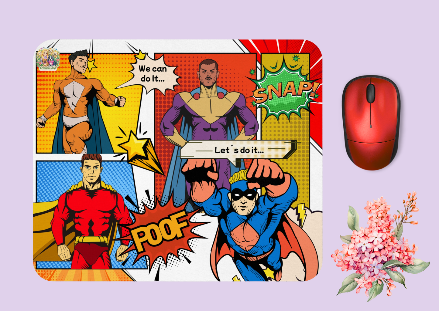 Muismat Superhelden Comic Style – Actie Pop Art Design – Neopreen Bureau Accessoire 23,2 x 19,4 cm – Creatieve Aap