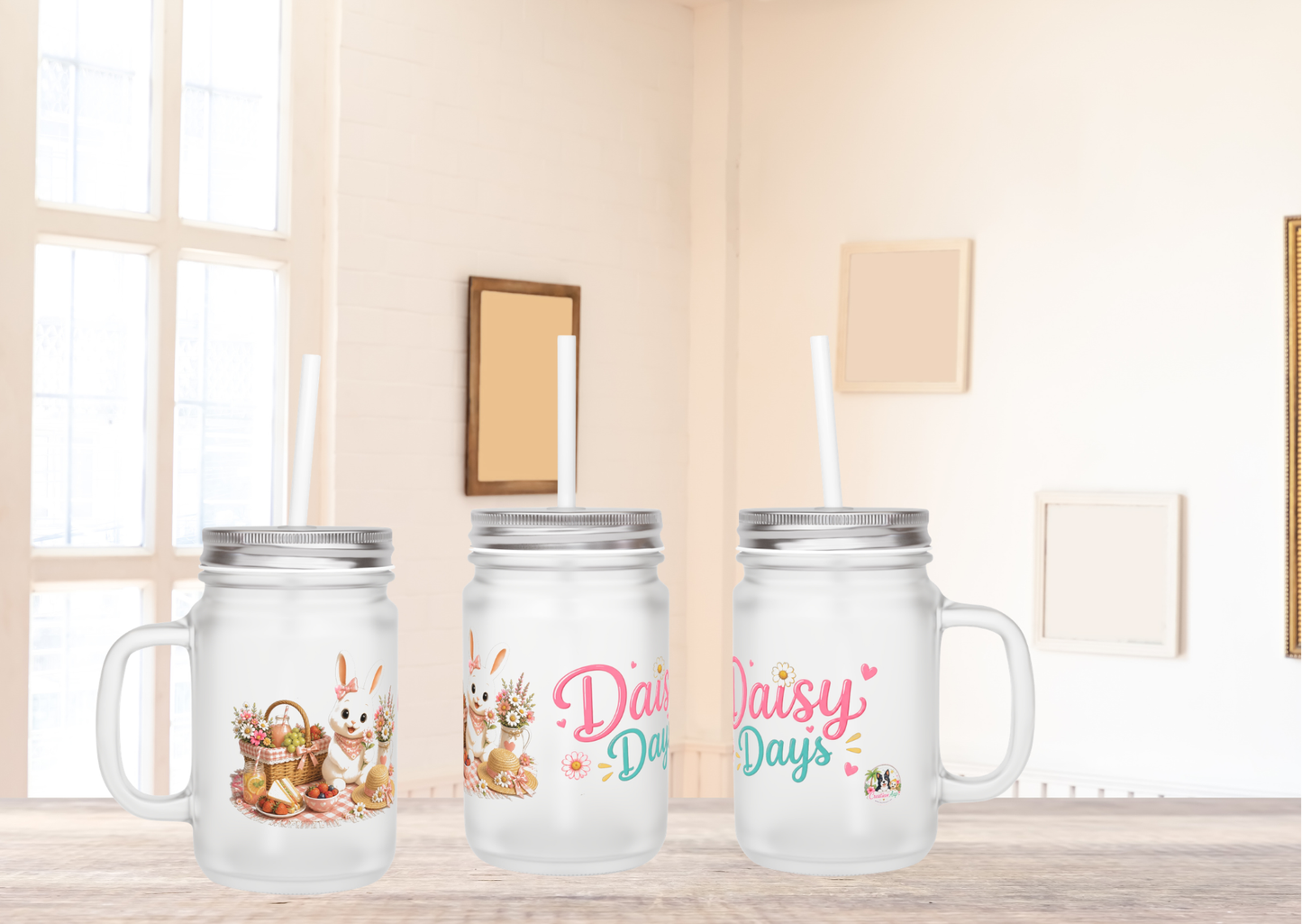 Daisy Days Mason Jar met Rietje – Maggie Zomer Drinkglas 350 ml