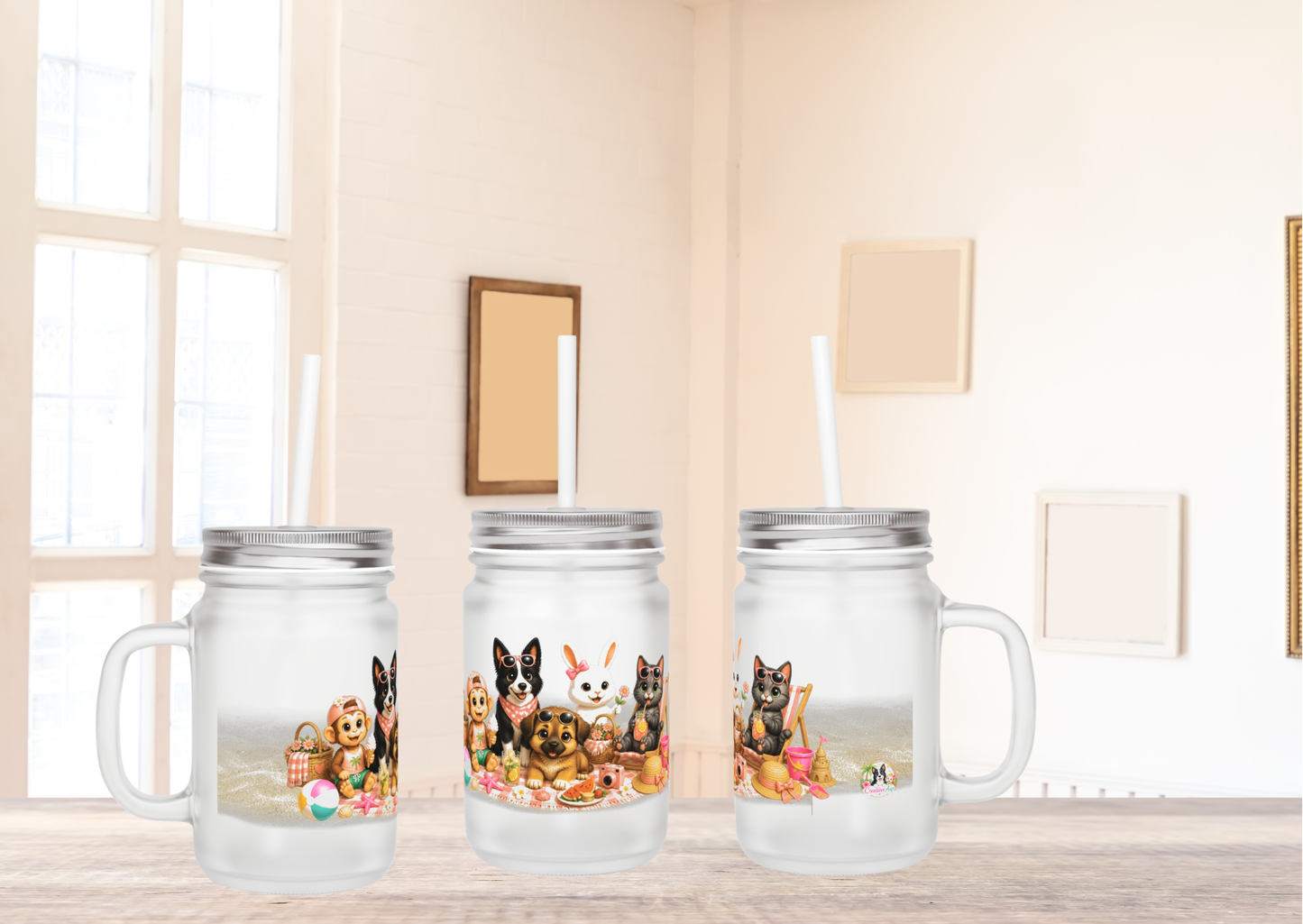 Zomer Mood Mason Jar met Rietje – Creatieve Aap Zomer Drinkglas 350 ml