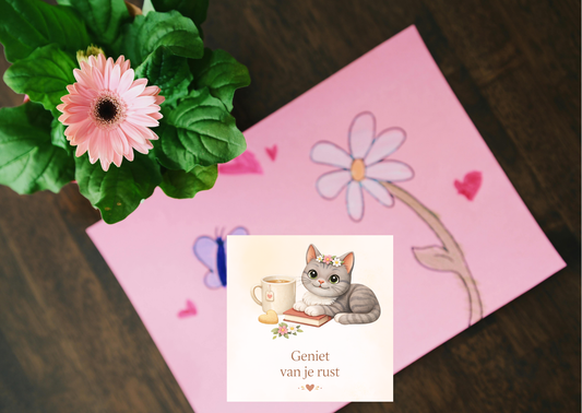 Shelby Moederdag Sticker 6 cm – Geniet van je rust – Kawaii Kat Cadeau