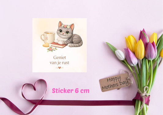 Shelby Moederdag Sticker 6 cm – Geniet van je rust – Kawaii Kat Cadeau