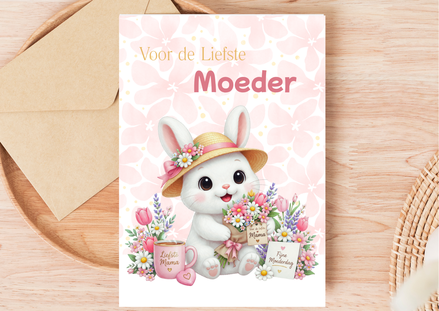Moederdag wenskaart “Voor de liefste moeder” met Maggie – handgemaakt – met of zonder envelop