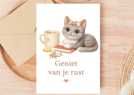 Moederdag wenskaart “Geniet van je rust” met Shelby – handgemaakt – met of zonder envelop