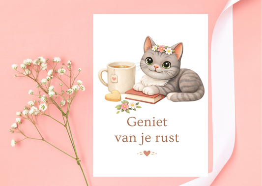 Moederdag wenskaart “Geniet van je rust” met Shelby – handgemaakt – met of zonder envelop