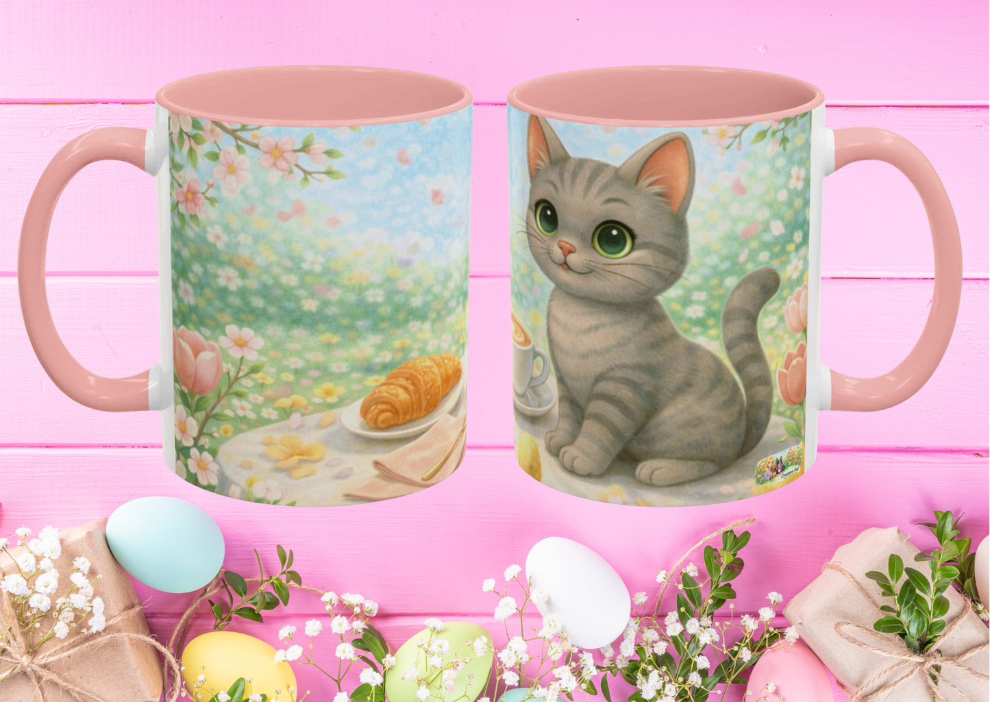 Shelby Paas Mok – Lente Brunch Kawaii Kat | 11oz Keramiek Mok met Roze Accent | Creatieve Aap Collectie