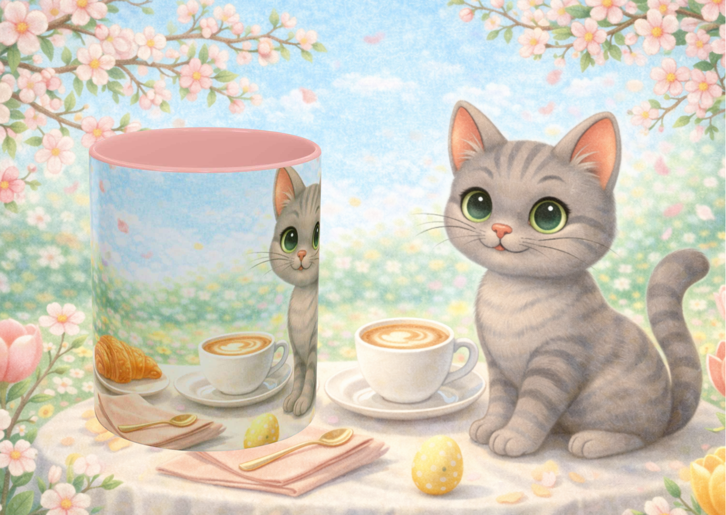 Shelby Paas Mok – Lente Brunch Kawaii Kat | 11oz Keramiek Mok met Roze Accent | Creatieve Aap Collectie