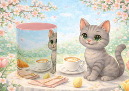 Shelby Paas Mok – Lente Brunch Kawaii Kat | 11oz Keramiek Mok met Roze Accent | Creatieve Aap Collectie
