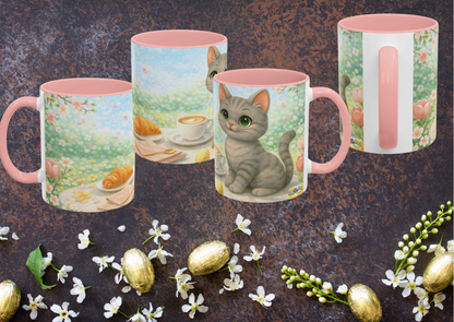 Shelby Paas Mok – Lente Brunch Kawaii Kat | 11oz Keramiek Mok met Roze Accent | Creatieve Aap Collectie
