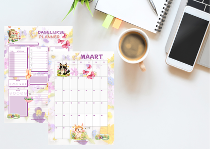 Maart 2026 Planner Set PDF – Dagplanner, Maandplanner & Slaaptracker – Lente Editie | Creatieve Aap (Digitale Download)