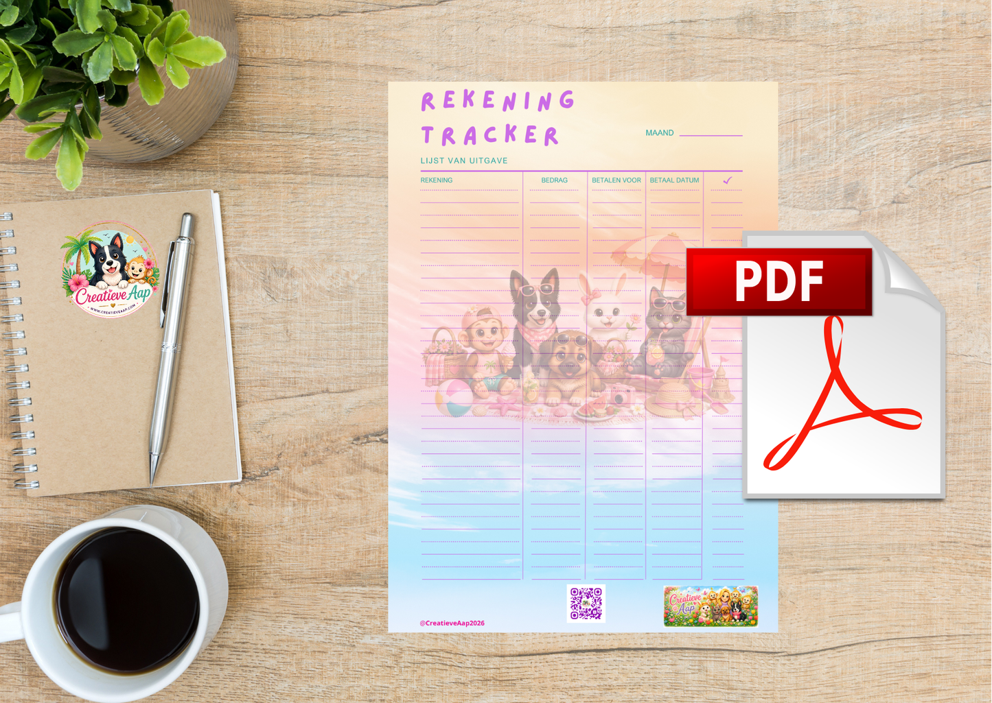 Rekening Tracker PDF Download | Budget Planner Printable | Maandelijkse Uitgaven Tracker | Creatieve Aap