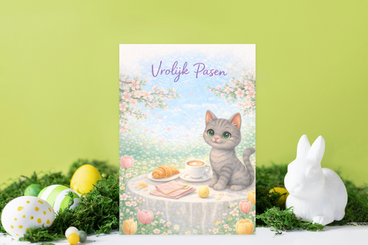 Shelby Paas Wenskaart “Vrolijk Pasen” – Lente Kattenkaart A6 | Creatieve Aap | Met of Zonder Witte Envelop