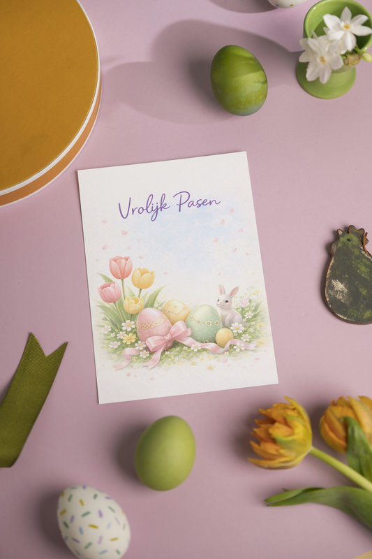 Paas Wenskaart “Vrolijk Pasen” – Pastel Lente Kaart met Paaseieren & Tulpen | Creatieve Aap | Optioneel met Witte Envelop