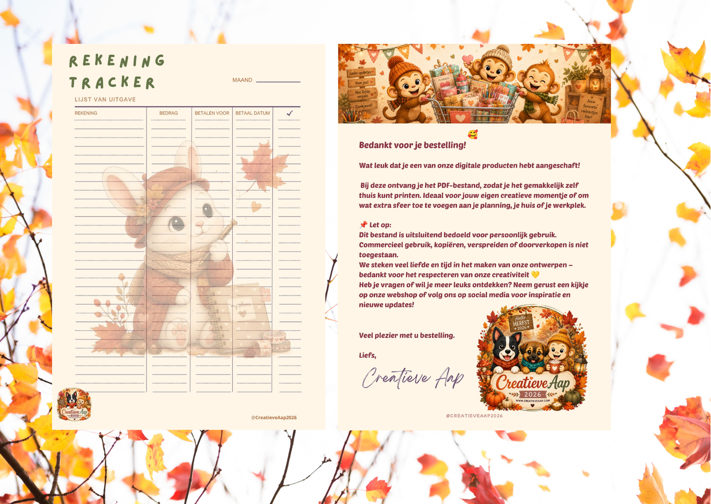 Rekening Tracker Herfst PDF | A4 Bill Tracker Printable | Maandelijkse Betaalplanner | Direct Download | Creatieve Aap