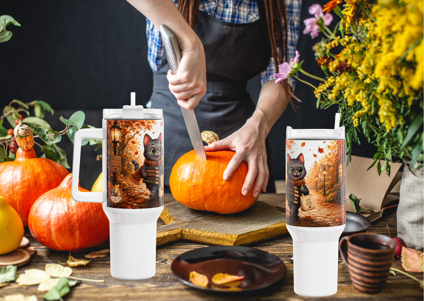 Shelby Cozy Onderweg Herfst Tumbler 1,18 Liter | Dubbelwandige RVS Thermobeker met Rietje | Creatieve Aap
