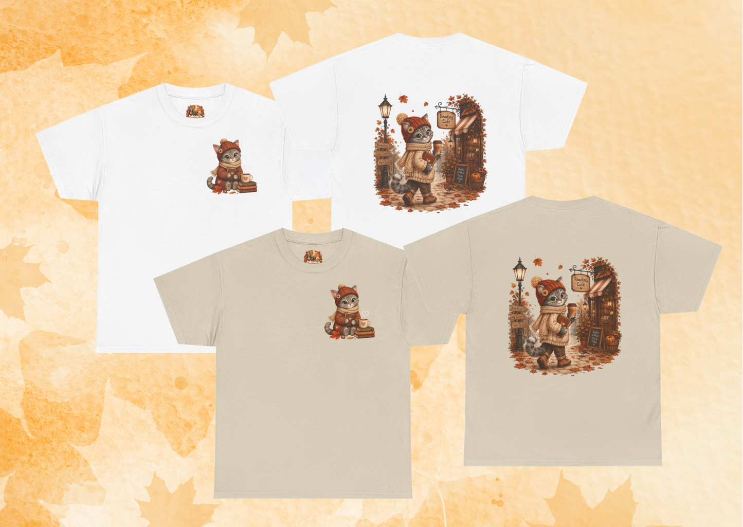 Shelby Cozy Reading Café Herfst T-Shirt – Unisex Dubbelzijdig Bedrukt | Cozy Kat Shirt | Gildan 5000
