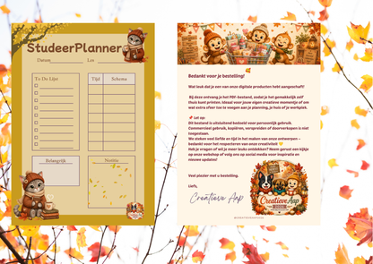 Studeer Planner Herfst PDF | A4 Studieplanner Printable | Studie Organizer | Direct Download | Creatieve Aap