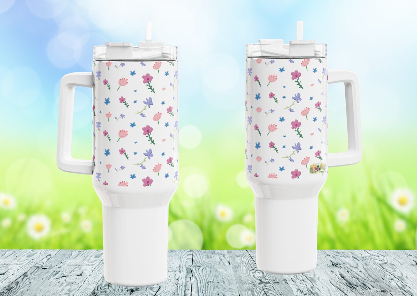 Fleurige Bloemen Tumbler 1200 ML – RVS Thermosbeker met Handvat – Dubbelwandig Geïsoleerd – Lente Collectie Creatieve Aap